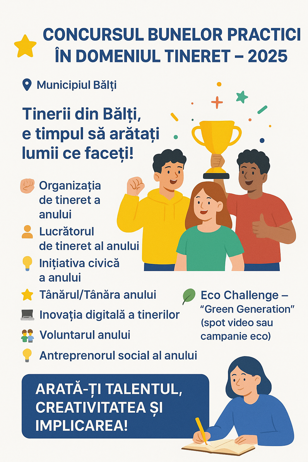 🌟 CONCURSUL BUNELOR PRACTICI ÎN DOMENIUL TINERET – 2025 🌟 📍 Municipiul Bălți 🌟 CONCURSUL BUNELOR PRACTICI ÎN DOMENIUL TINERET – 2025 🌟 📍 Municipiul Bălți